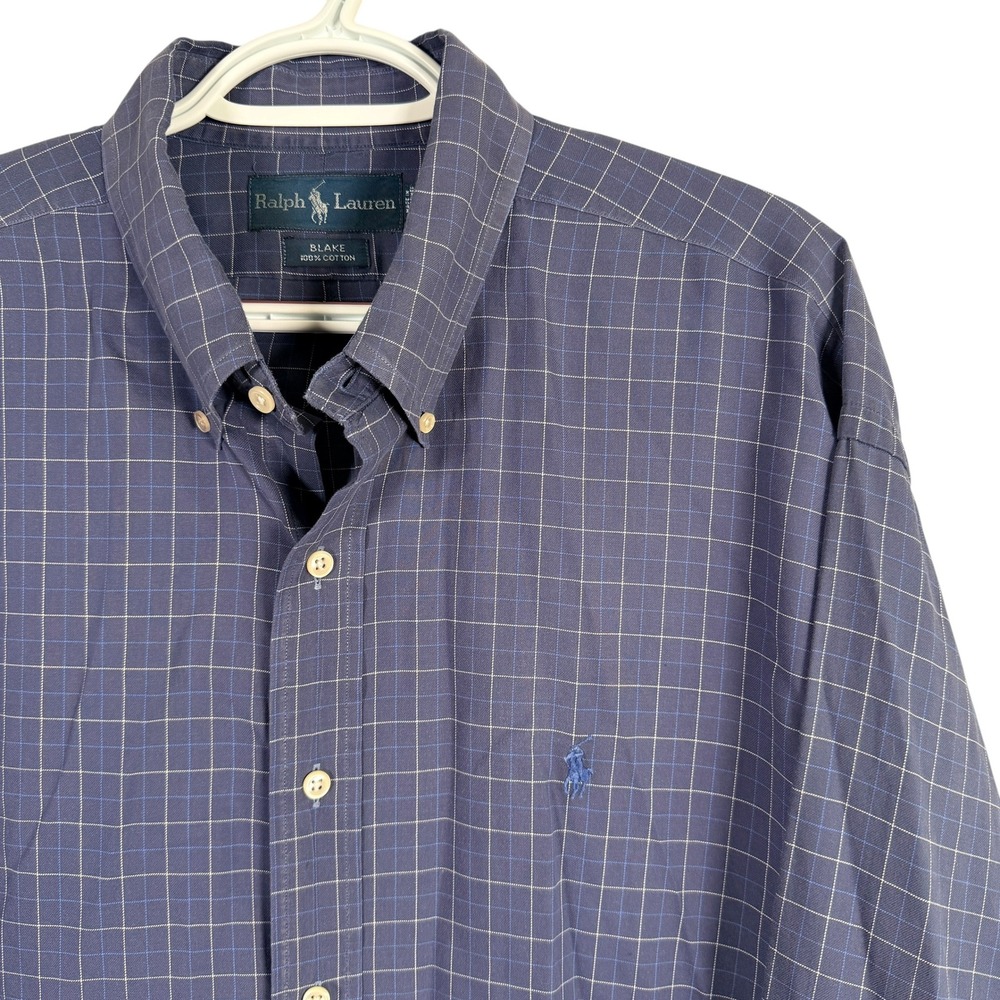 Ralph Lauren Blake Button Down Shirt Mens XL Blue Windowpane‎ Check Cotton L/S